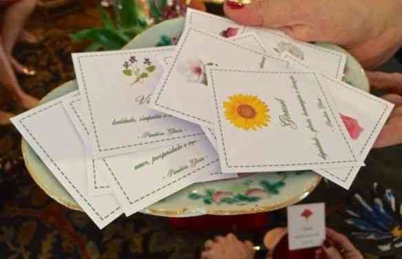 Os nomes das flores para serem sorteadas: Aqui a caprichosa dona da casa fez cartões com nomes e imagens das flores: Lindo!